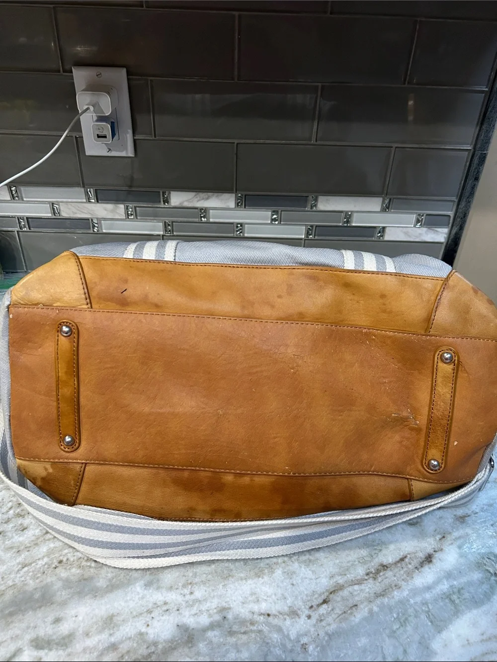 Pottery Barn Diaper Bag Grey S Monogram Kids Baby Duffle Tote Leather Classic.